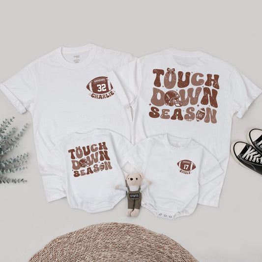 Touch Down Season Personalized Football Shirt, Retro Style, Custom Name & Number, Family Game Day Outfit, Distressed Vintage Football Tee, Warm Brown Tone