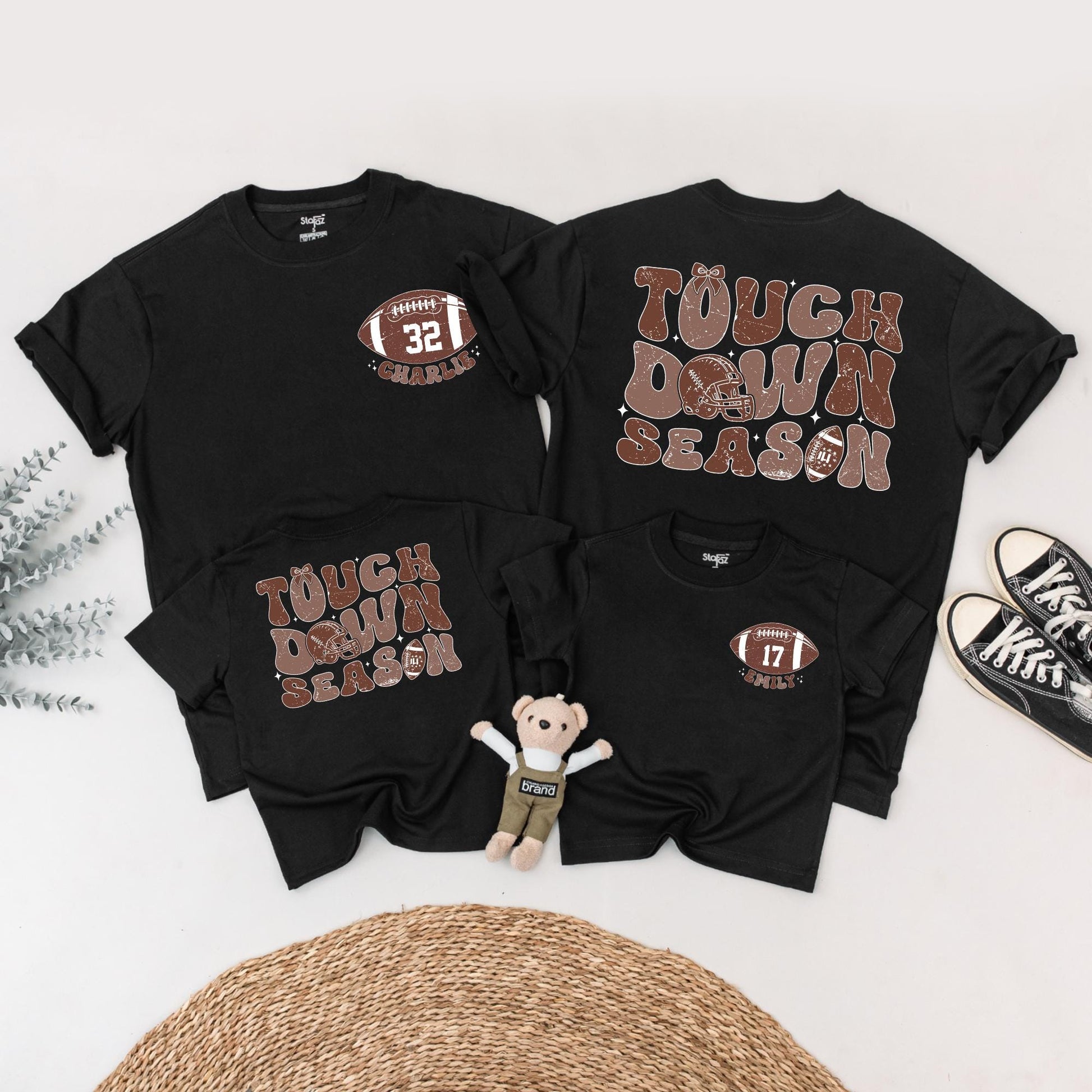 Touch Down Season Personalized Football Shirt, Retro Style, Custom Name & Number, Family Game Day Outfit, Distressed Vintage Football Tee, Warm Brown Tone