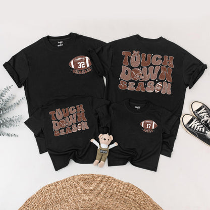 Touch Down Season Personalized Football Shirt, Retro Style, Custom Name & Number, Family Game Day Outfit, Distressed Vintage Football Tee, Warm Brown Tone