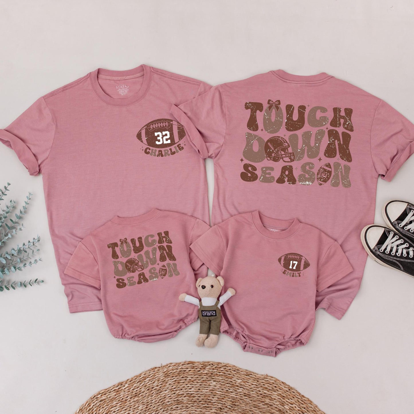 Touch Down Season Personalized Football Shirt, Retro Style, Custom Name & Number, Family Game Day Outfit, Distressed Vintage Football Tee, Warm Brown Tone