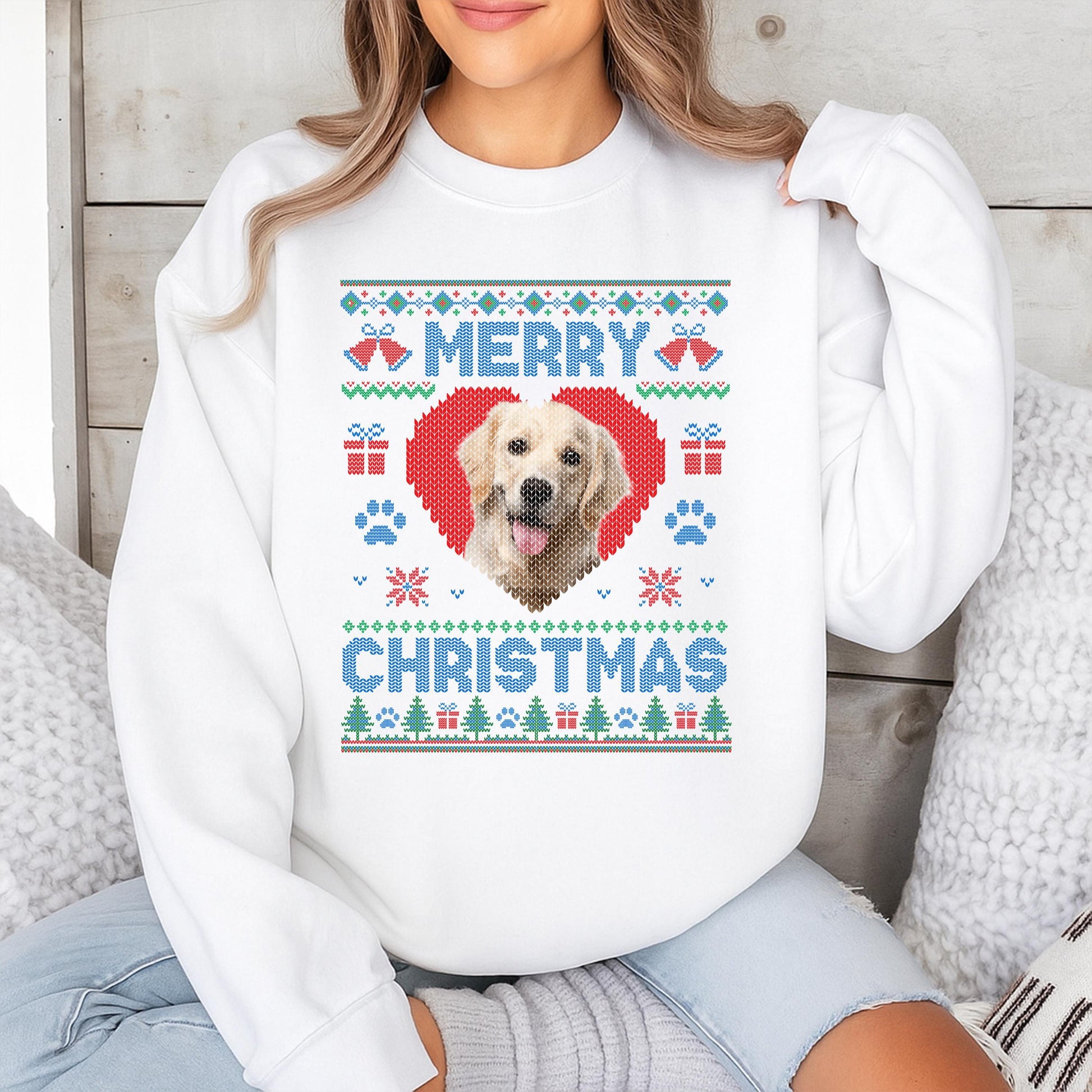 Custom Merry Christmas Dog Photo Ugly Sweater - Cute Holiday Gift, Red Heart Snowflake Design, Funny Xmas Cat Face