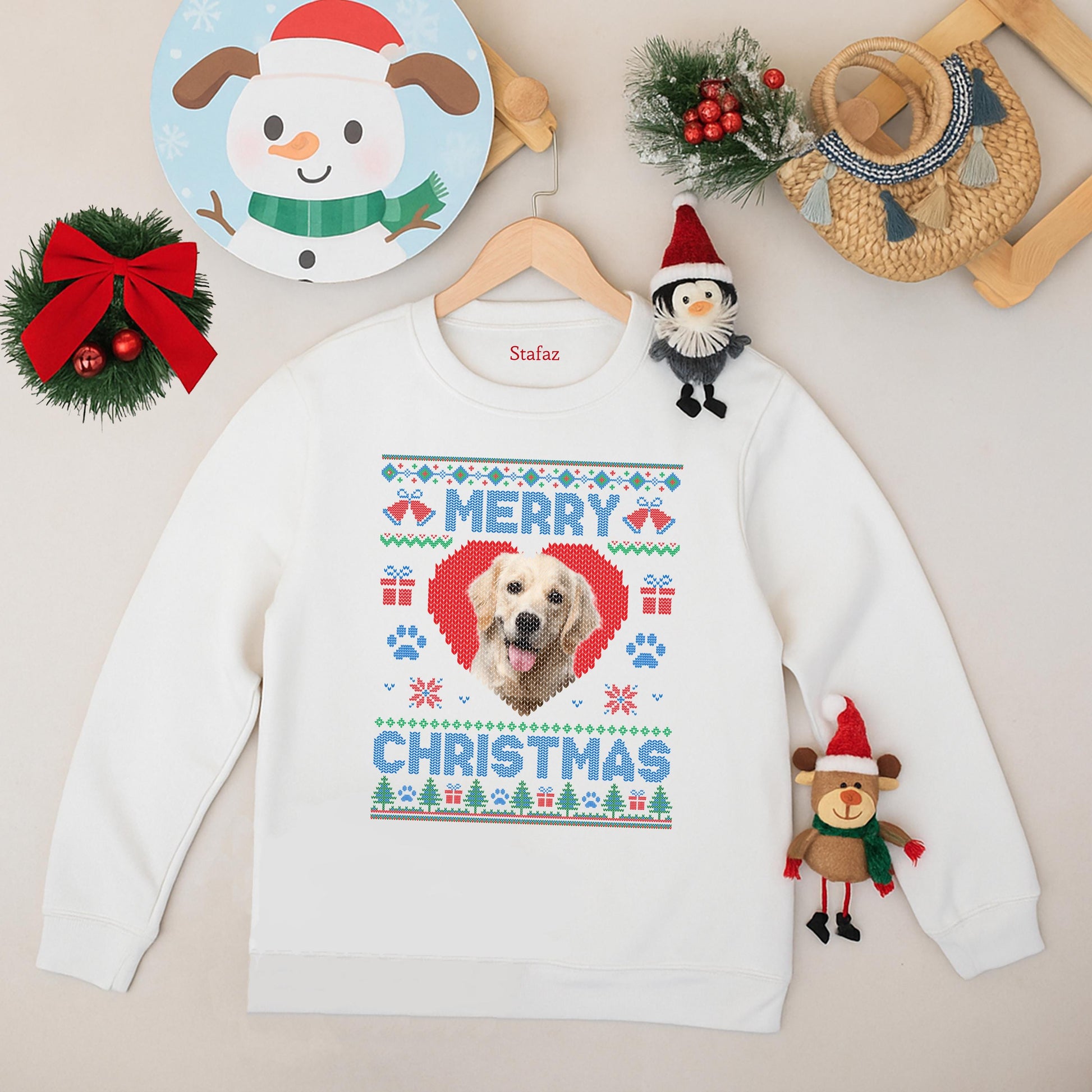 Custom Merry Christmas Dog Photo Ugly Sweater - Cute Holiday Gift, Red Heart Snowflake Design, Funny Xmas Cat Face