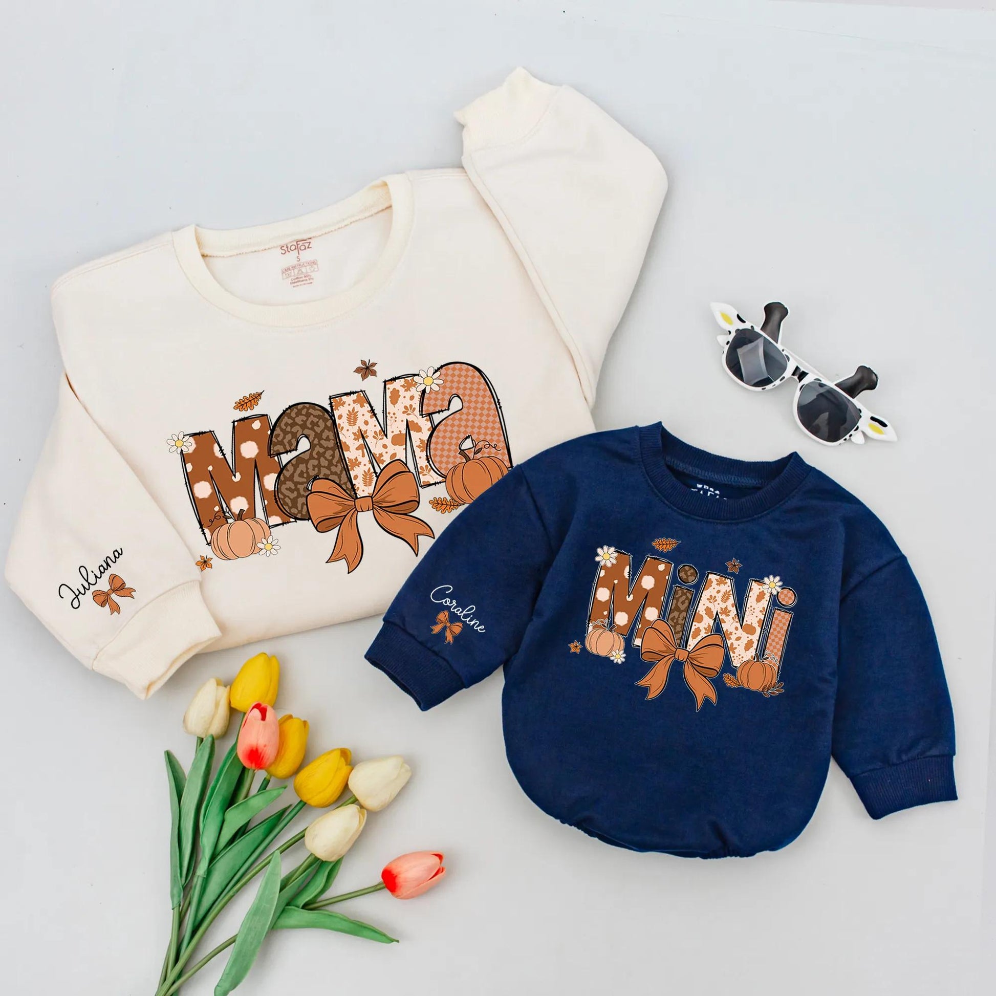 Mama and Mini Matching Fall Sweatshirts, Retro Groovy Pumpkin Outfit, Custom Names, Autumn Leaves, Vintage Style Mommy and Me Personalized Sweaters
