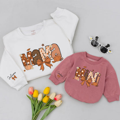 Mama and Mini Matching Fall Sweatshirts, Retro Groovy Pumpkin Outfit, Custom Names, Autumn Leaves, Vintage Style Mommy and Me Personalized Sweaters