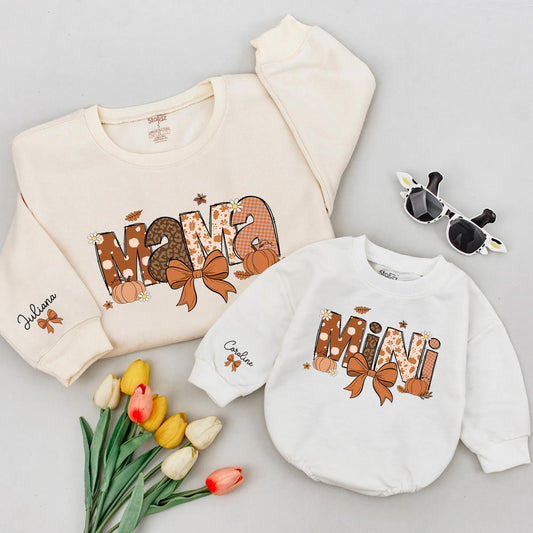 Mama and Mini Matching Fall Sweatshirts, Retro Groovy Pumpkin Outfit, Custom Names, Autumn Leaves, Vintage Style Mommy and Me Personalized Sweaters