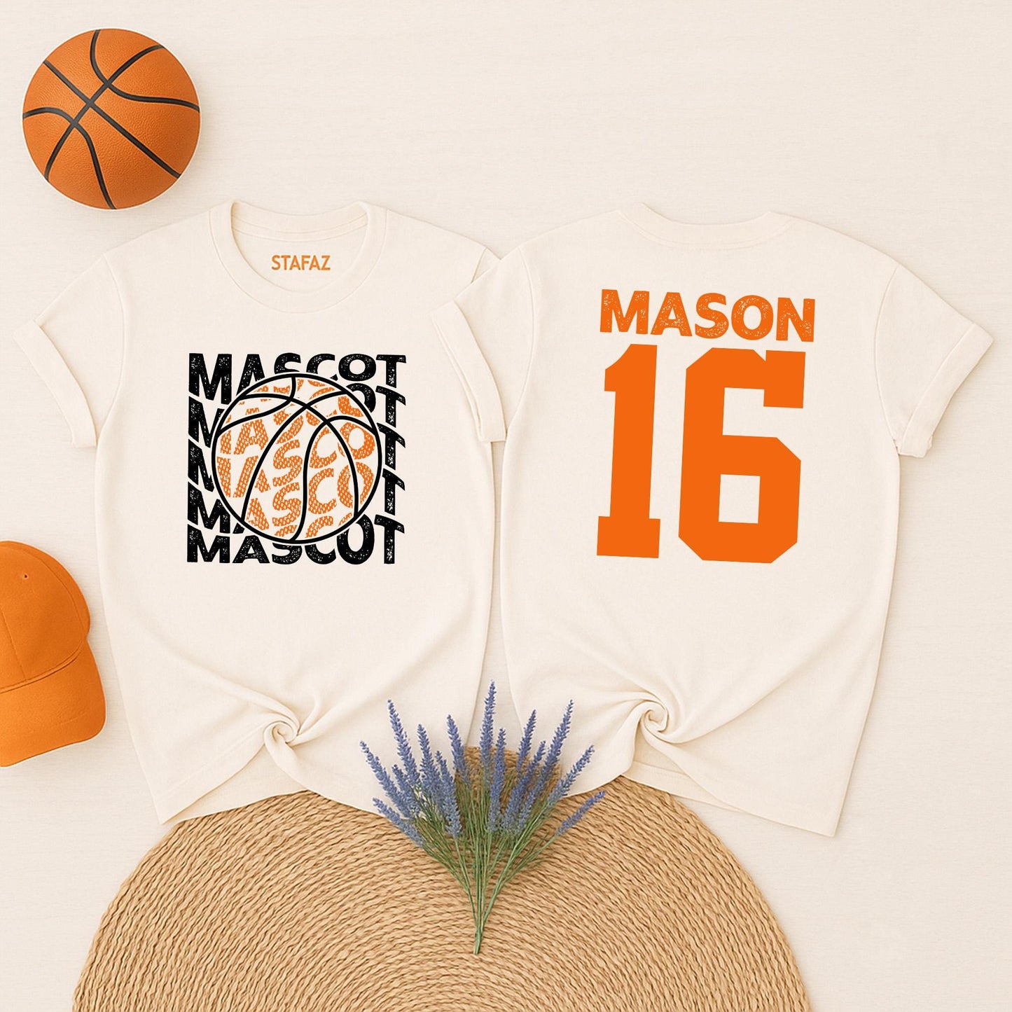 Custom Basketball Mascot Name 16 Shirt Personalized Game Day Sports Fan Team Tee Orange Pink