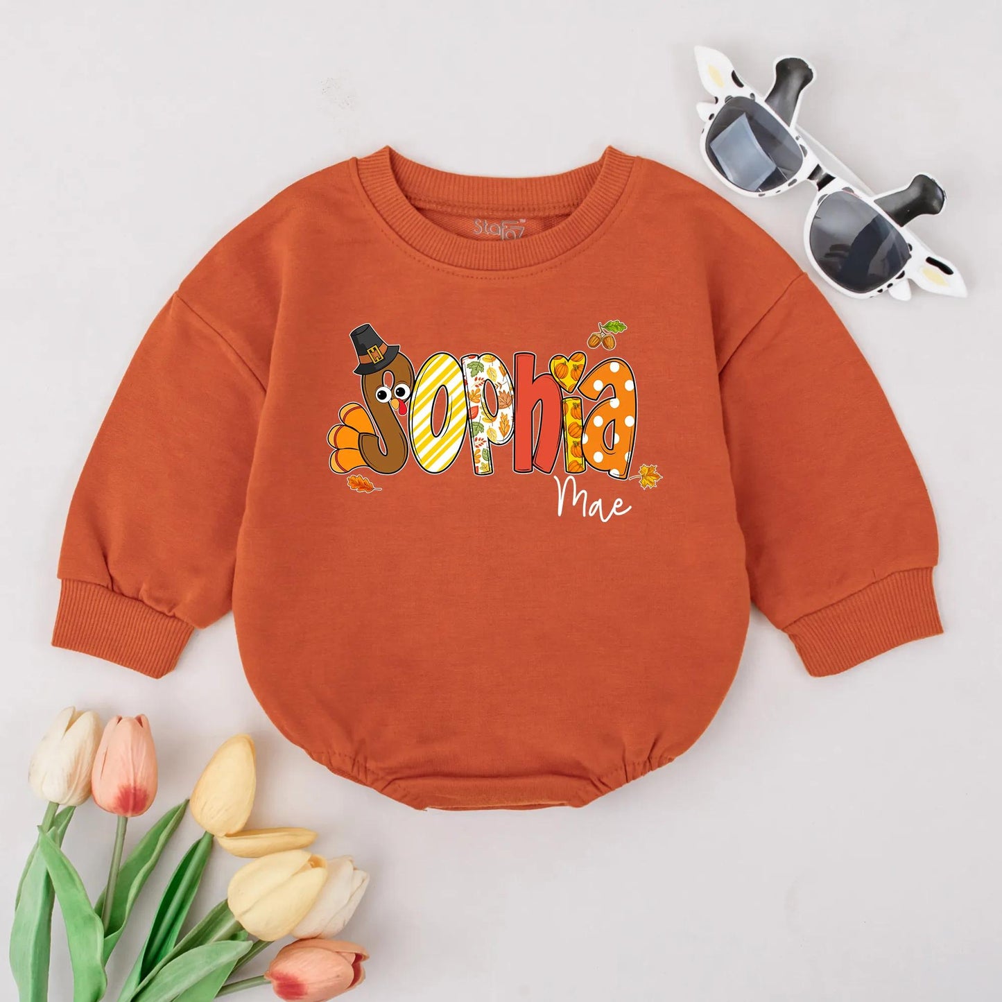 Custom Sophia Mae Thanksgiving Romper, First Fall Outfit, Personalized Autumn Baby Bodysuit, Brown Turkey Pumpkin Outfit, Festive Thanksgiving Gift 139