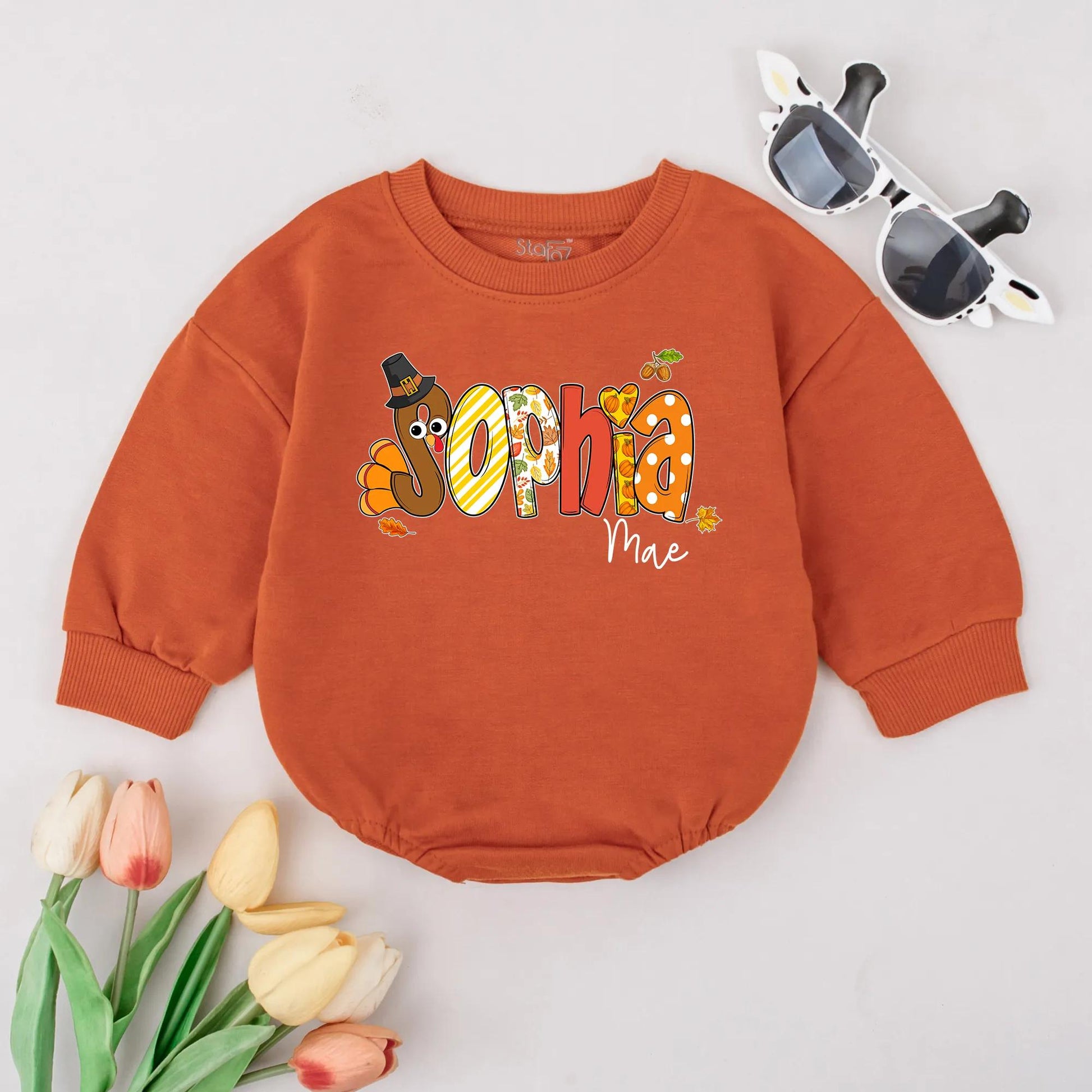 Custom Sophia Mae Thanksgiving Romper, First Fall Outfit, Personalized Autumn Baby Bodysuit, Brown Turkey Pumpkin Outfit, Festive Thanksgiving Gift 139