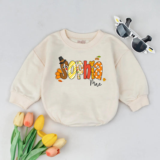Custom Sophia Mae Thanksgiving Romper, First Fall Outfit, Personalized Autumn Baby Bodysuit, Brown Turkey Pumpkin Outfit, Festive Thanksgiving Gift 139