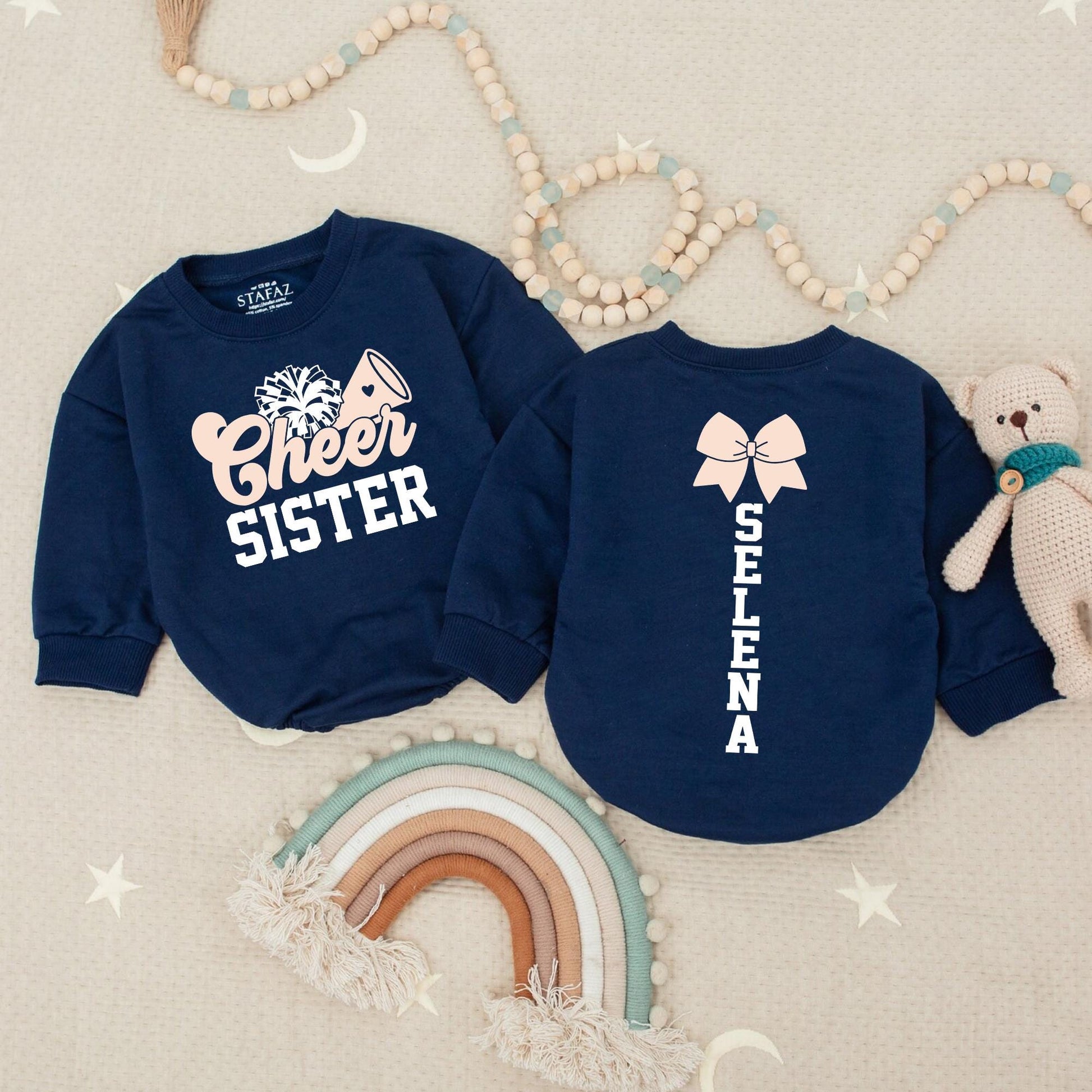 Custom Cheer Sister Romper: Name & Number Personalized Cheerleading Outfit, Cute Game Day Baby Romper Football Design, Adorable Gift, Soft Cotton, 135 chars