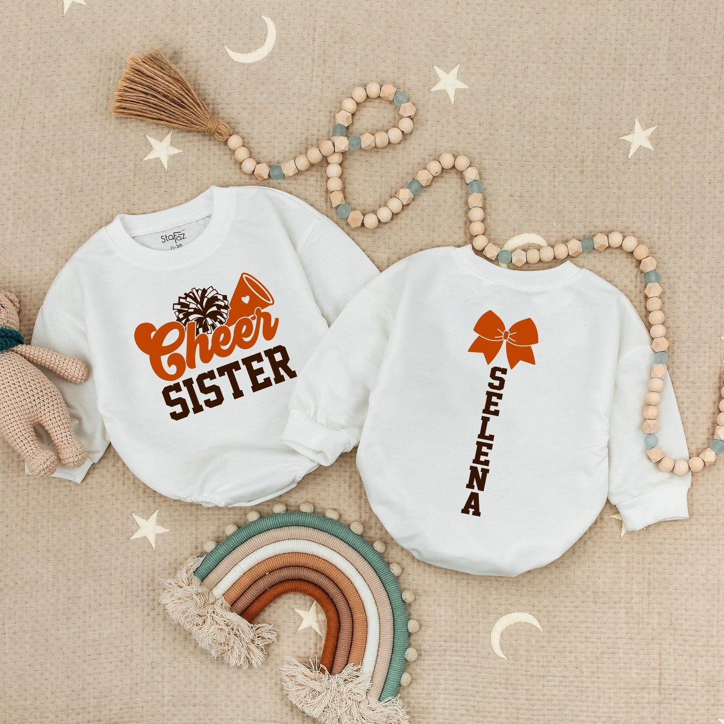 Custom Cheer Sister Romper: Name & Number Personalized Cheerleading Outfit, Cute Game Day Baby Romper Football Design, Adorable Gift, Soft Cotton, 135 chars