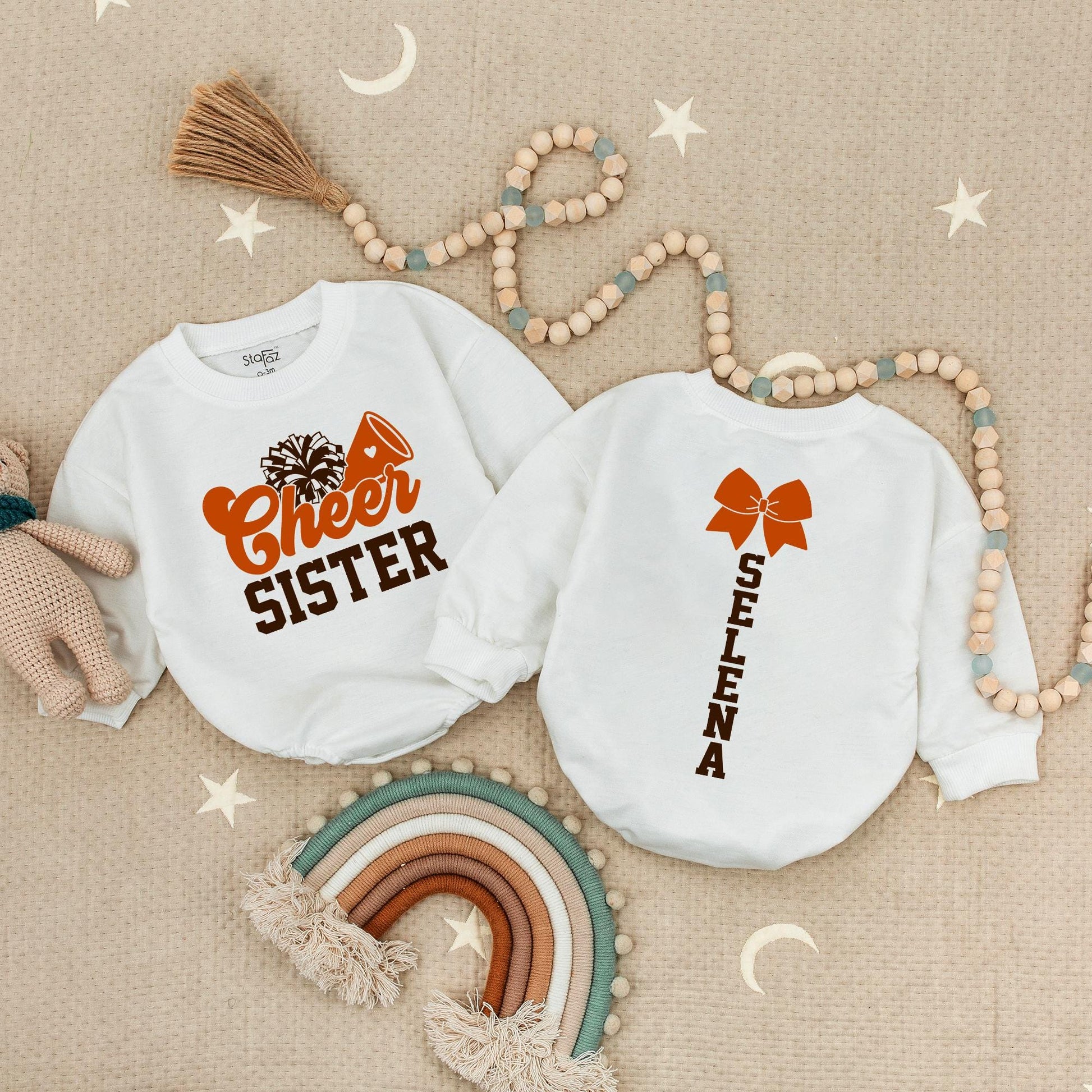 Custom Cheer Sister Romper: Name & Number Personalized Cheerleading Outfit, Cute Game Day Baby Romper Football Design, Adorable Gift, Soft Cotton, 135 chars