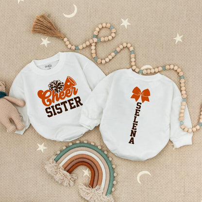 Custom Cheer Sister Romper: Name & Number Personalized Cheerleading Outfit, Cute Game Day Baby Romper Football Design, Adorable Gift, Soft Cotton, 135 chars
