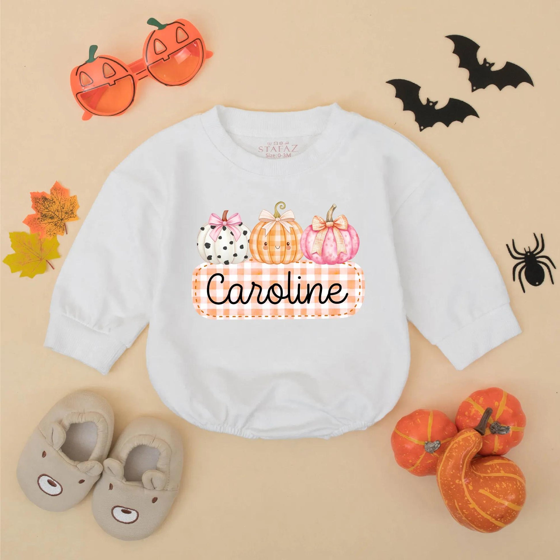 Caroline Cute Pumpkin Bow Romper Personalized Baby Girl Thanksgiving Bodysuit Toddler Autumn Festive Outfit White Orange Pink
