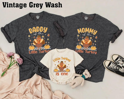 Warm Autumn Family Matching Thanksgiving Shirts Daddy Mommy Little Turkey 2025 Retro Fall Holiday Tees with Pumpkins and Leaves