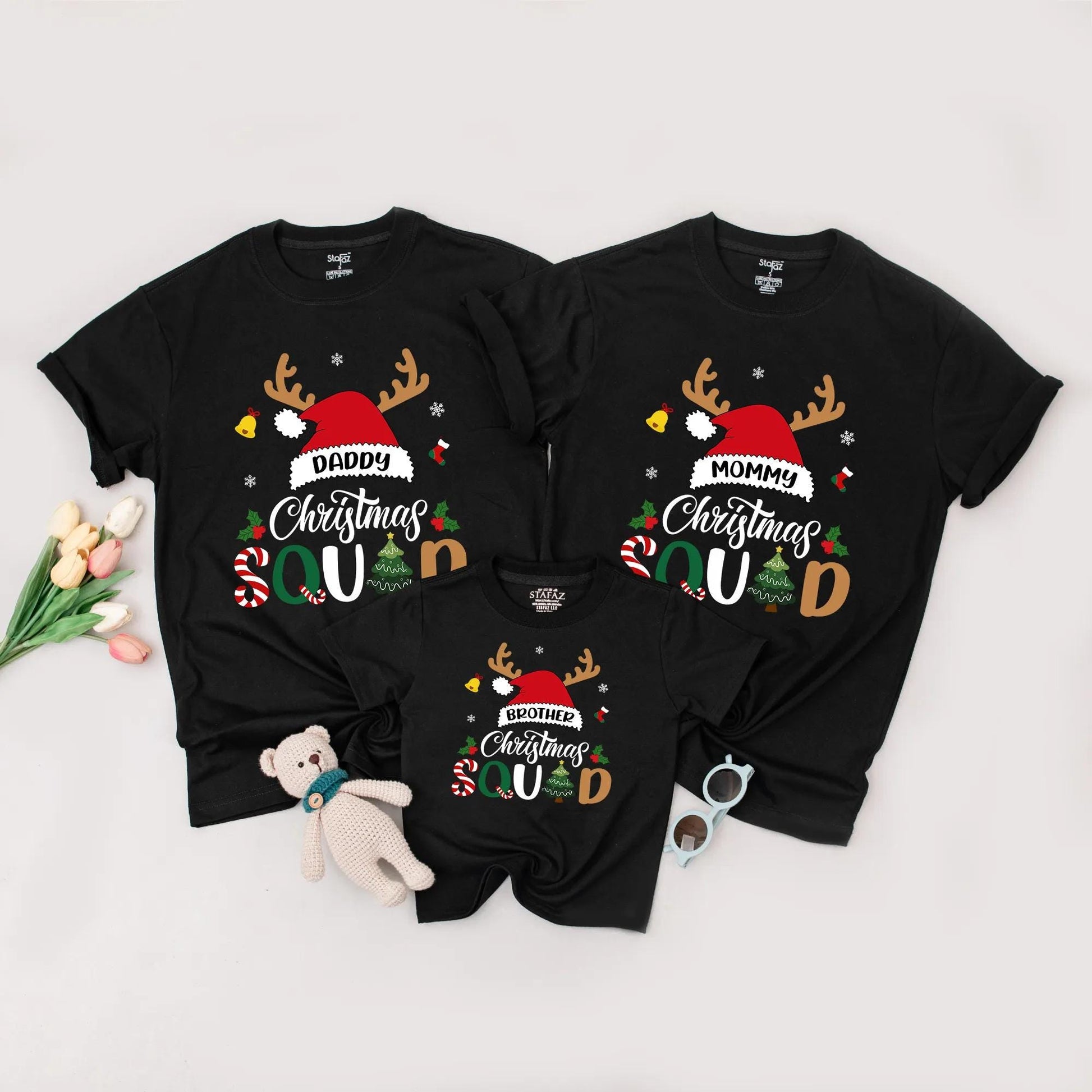 Personalized Christmas Squad Shirts Daddy Mommy Family Matching 2025 Holiday Group Tees with Reindeer Antlers Santa Hats Whimsical Festive Snowflakes Bells
