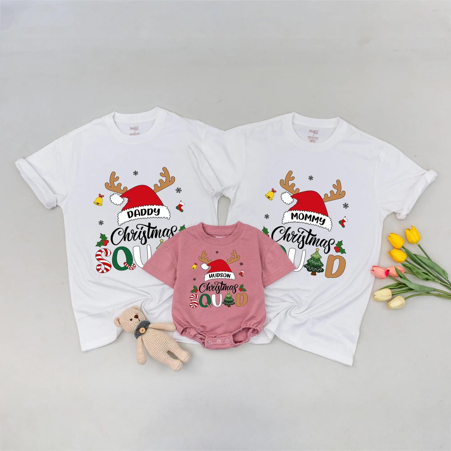 Personalized Christmas Squad Shirts Daddy Mommy Family Matching 2025 Holiday Group Tees with Reindeer Antlers Santa Hats Whimsical Festive Snowflakes Bells