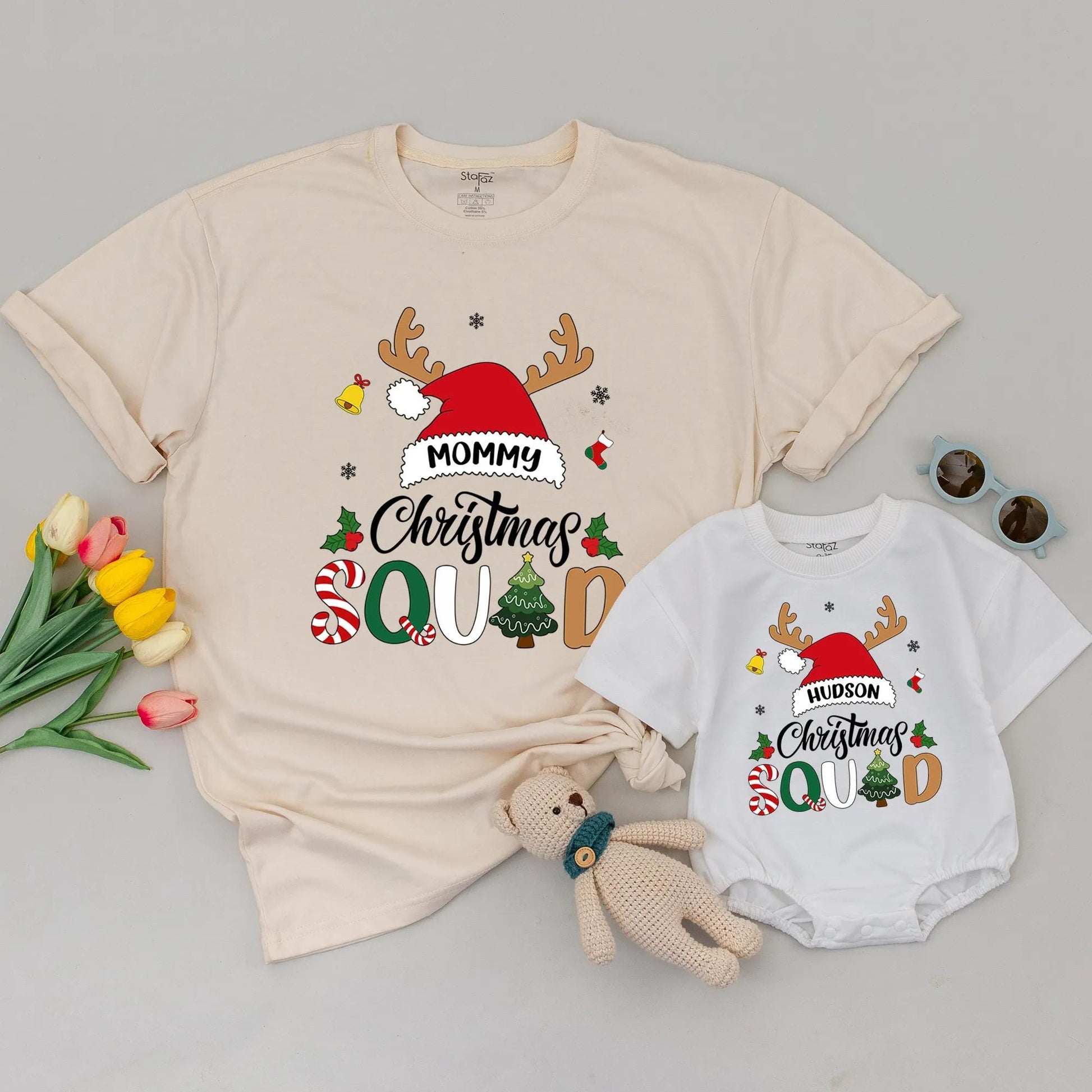Personalized Christmas Squad Shirts Daddy Mommy Family Matching 2025 Holiday Group Tees with Reindeer Antlers Santa Hats Whimsical Festive Snowflakes Bells