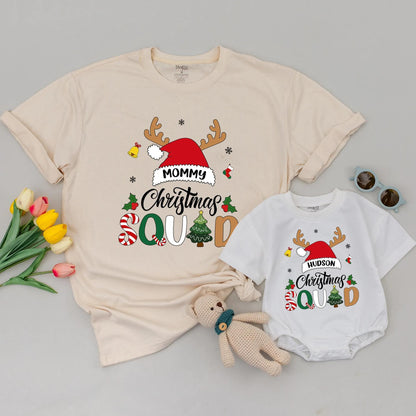 Personalized Christmas Squad Shirts Daddy Mommy Family Matching 2025 Holiday Group Tees with Reindeer Antlers Santa Hats Whimsical Festive Snowflakes Bells
