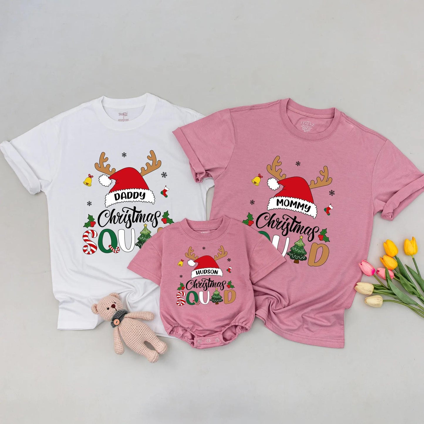 Personalized Christmas Squad Shirts Daddy Mommy Family Matching 2025 Holiday Group Tees with Reindeer Antlers Santa Hats Whimsical Festive Snowflakes Bells