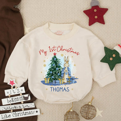 Personalized Thomas My 1st Christmas Bubble Romper Baby Boy Rabbit Outfit Infant Holiday Clothes Toddler Gift Gold Snowflake Accents