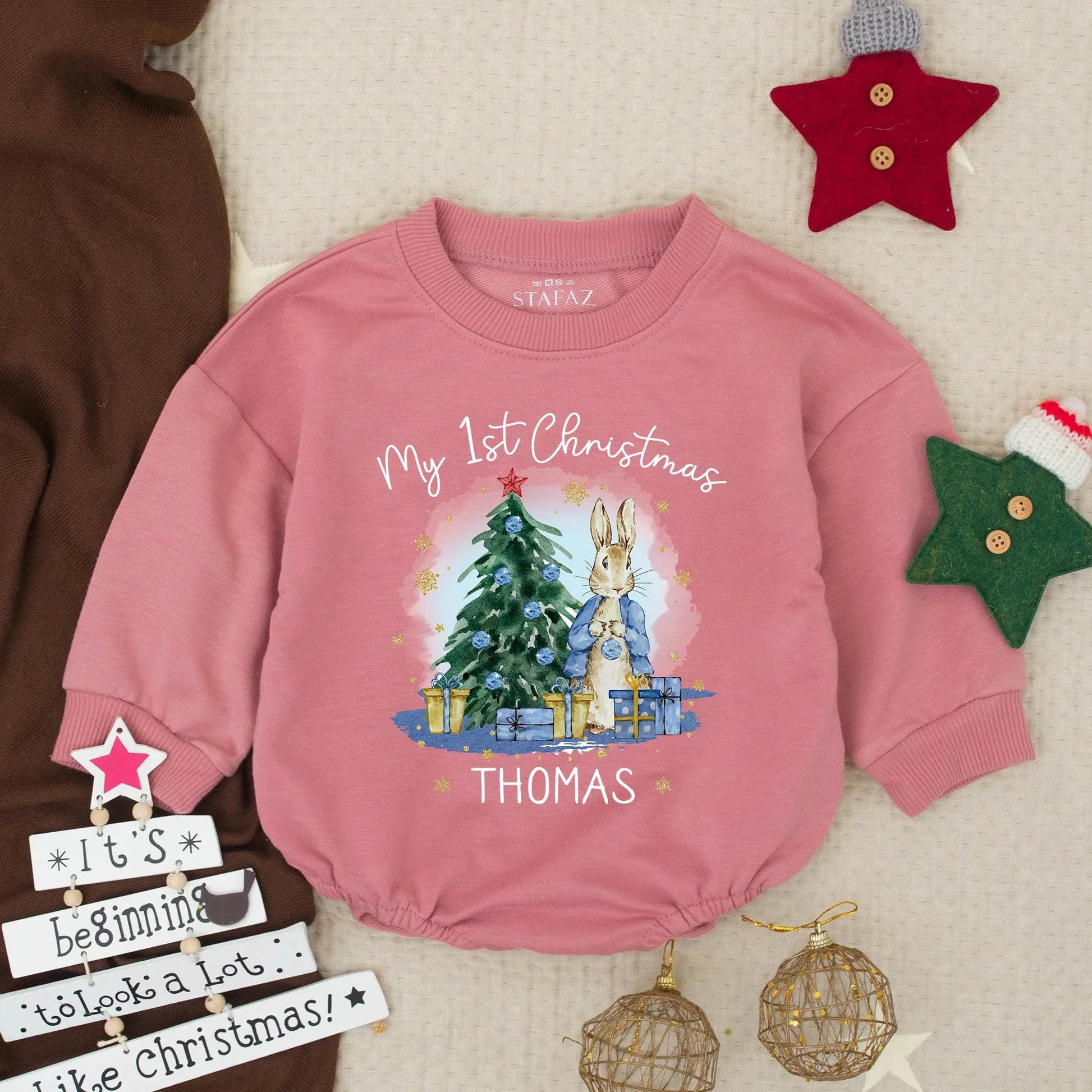Personalized Thomas My 1st Christmas Bubble Romper Baby Boy Rabbit Outfit Infant Holiday Clothes Toddler Gift Gold Snowflake Accents