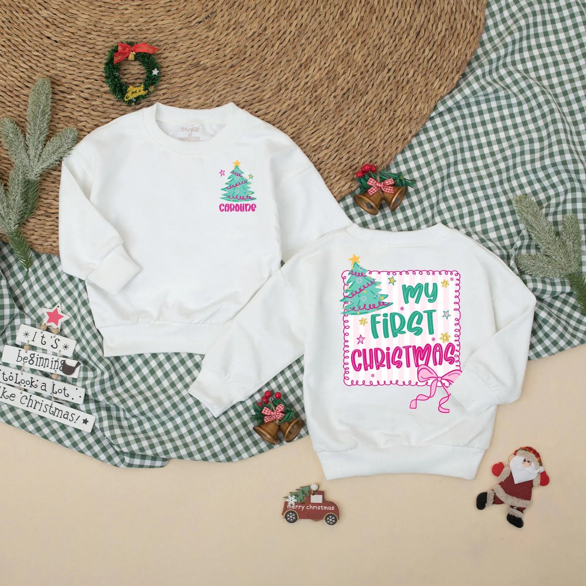 My First Christmas Bubble Romper for Baby Girls Festive Tree Pink Bow Stars Newborn Xmas Clothes Holiday Shower Gift