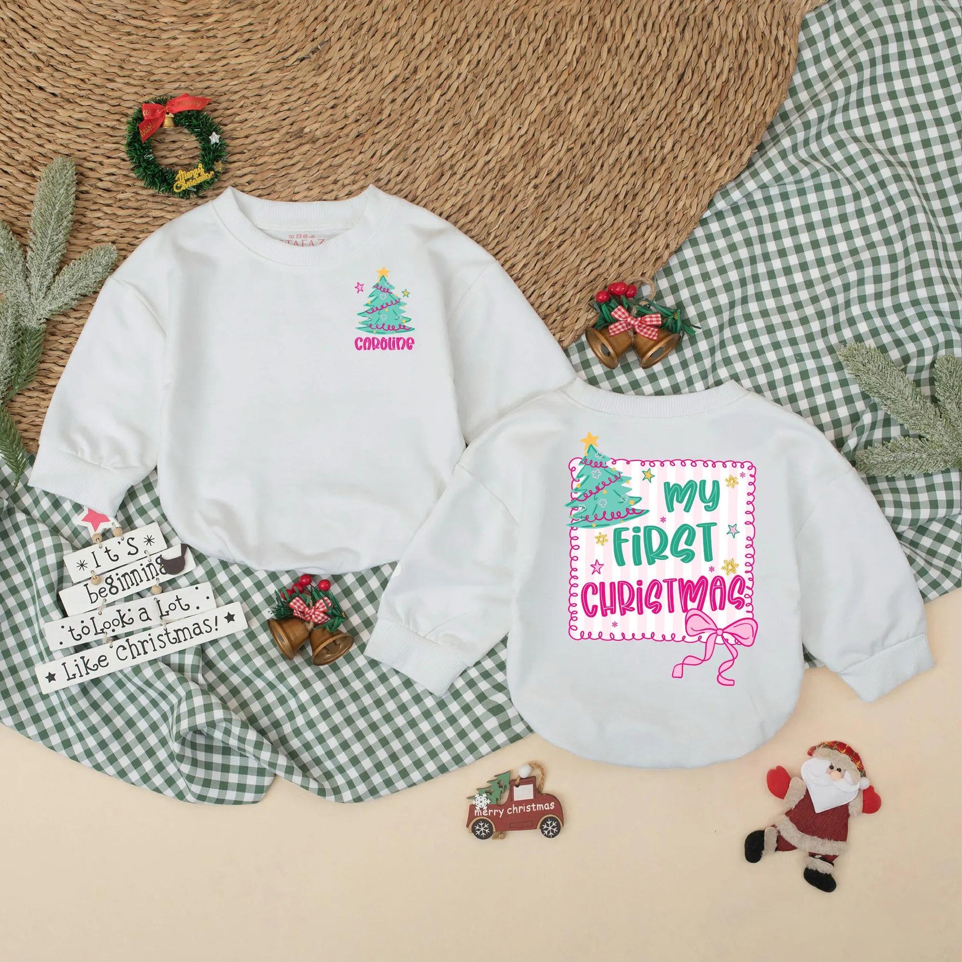 My First Christmas Bubble Romper for Baby Girls Festive Tree Pink Bow Stars Newborn Xmas Clothes Holiday Shower Gift