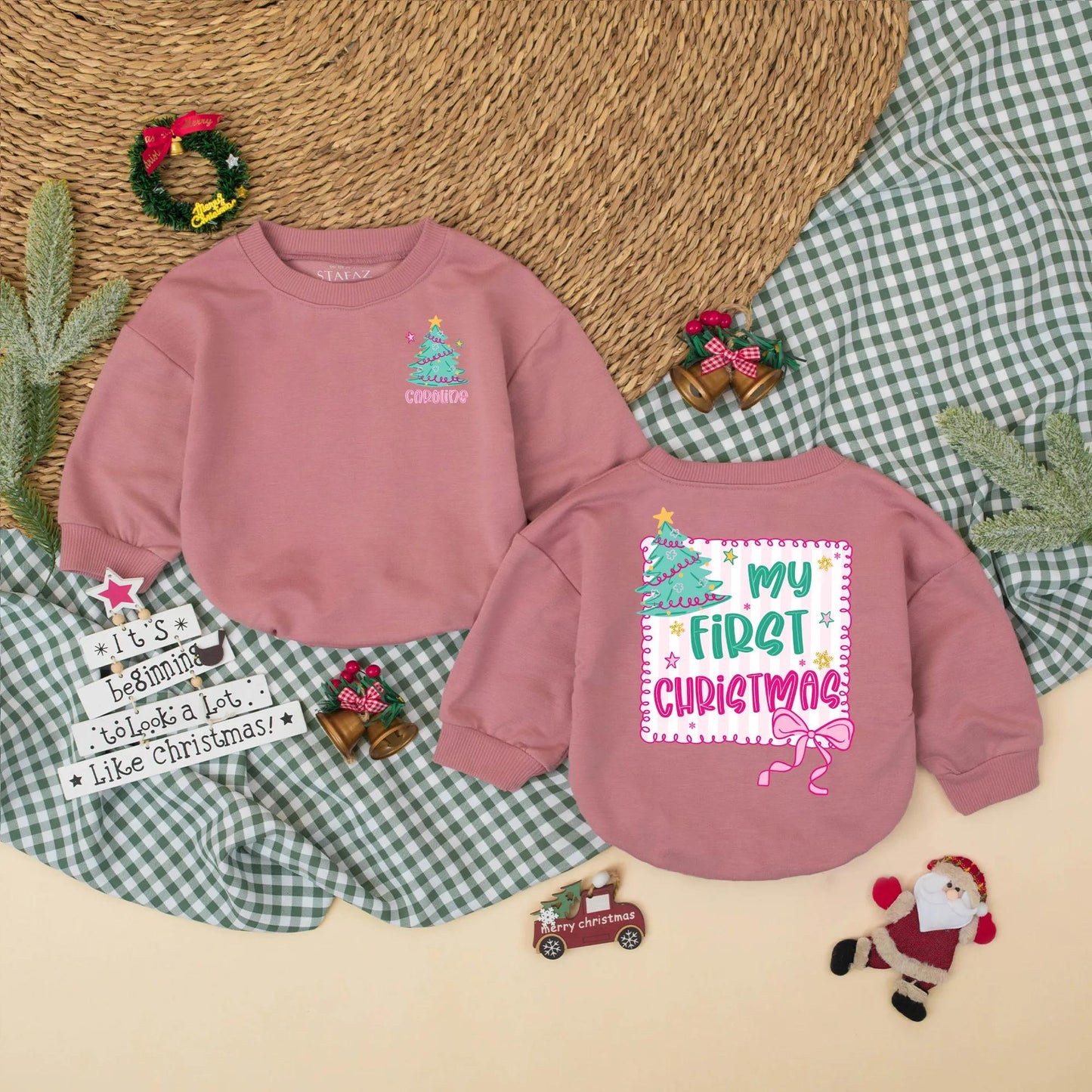 My First Christmas Bubble Romper for Baby Girls Festive Tree Pink Bow Stars Newborn Xmas Clothes Holiday Shower Gift