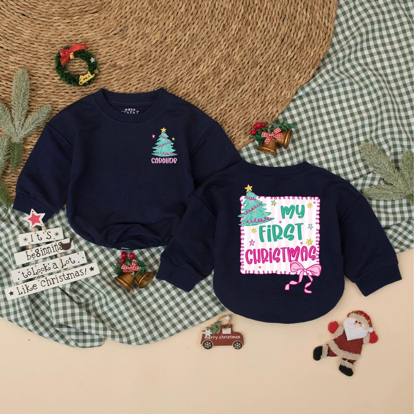 My First Christmas Bubble Romper for Baby Girls Festive Tree Pink Bow Stars Newborn Xmas Clothes Holiday Shower Gift