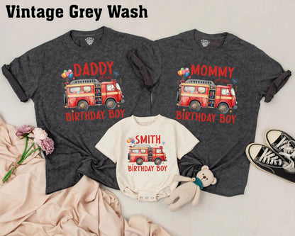 Custom Fire Truck Birthday Boy Shirt 1st Birthday Matching Family Outfit Daddy Mommy Sister personalized tee vibrant red fire engine design