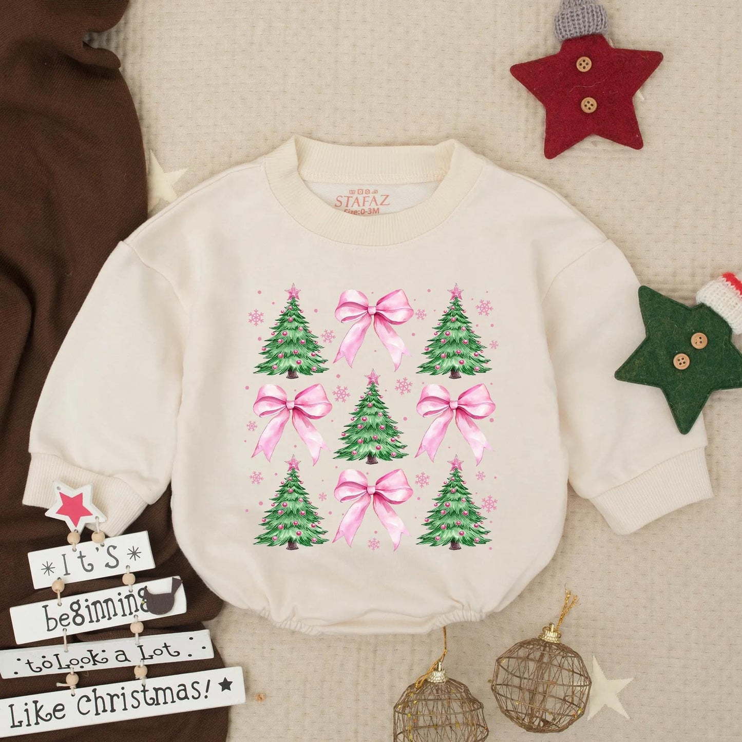 Cute Christmas Tree Pink Bow Baby Bubble Romper First Christmas Outfit for Girl Adorable Toddler Holiday Gift Festive Newborn Clothes