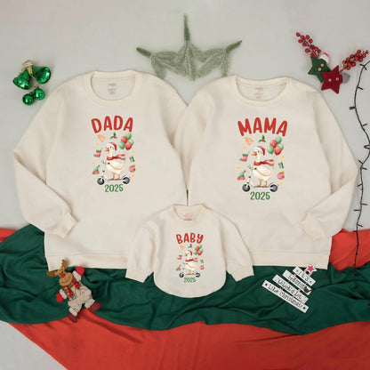Matching Custom Funny Christmas Goose Family Sweatshirts Retro Holiday 2025 Outfits Adults Kids Baby Festive Scooter Red Green Gold Design