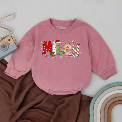 Personalized Kids Christmas Bubble Romper Retro Bodysuit Toddler Infant Sweatshirt Whimsical Festive Holiday Design Coming Home Outfit Gift