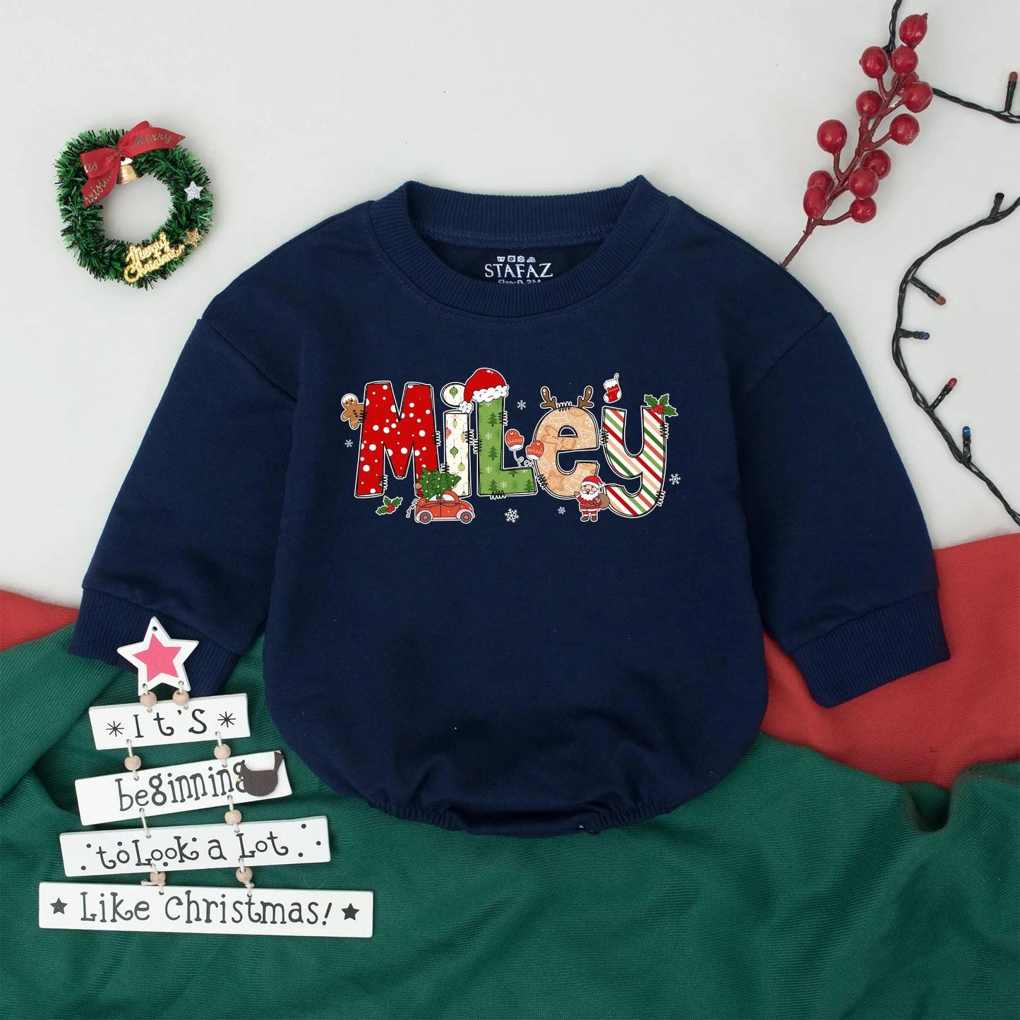 Personalized Kids Christmas Bubble Romper Retro Bodysuit Toddler Infant Sweatshirt Whimsical Festive Holiday Design Coming Home Outfit Gift