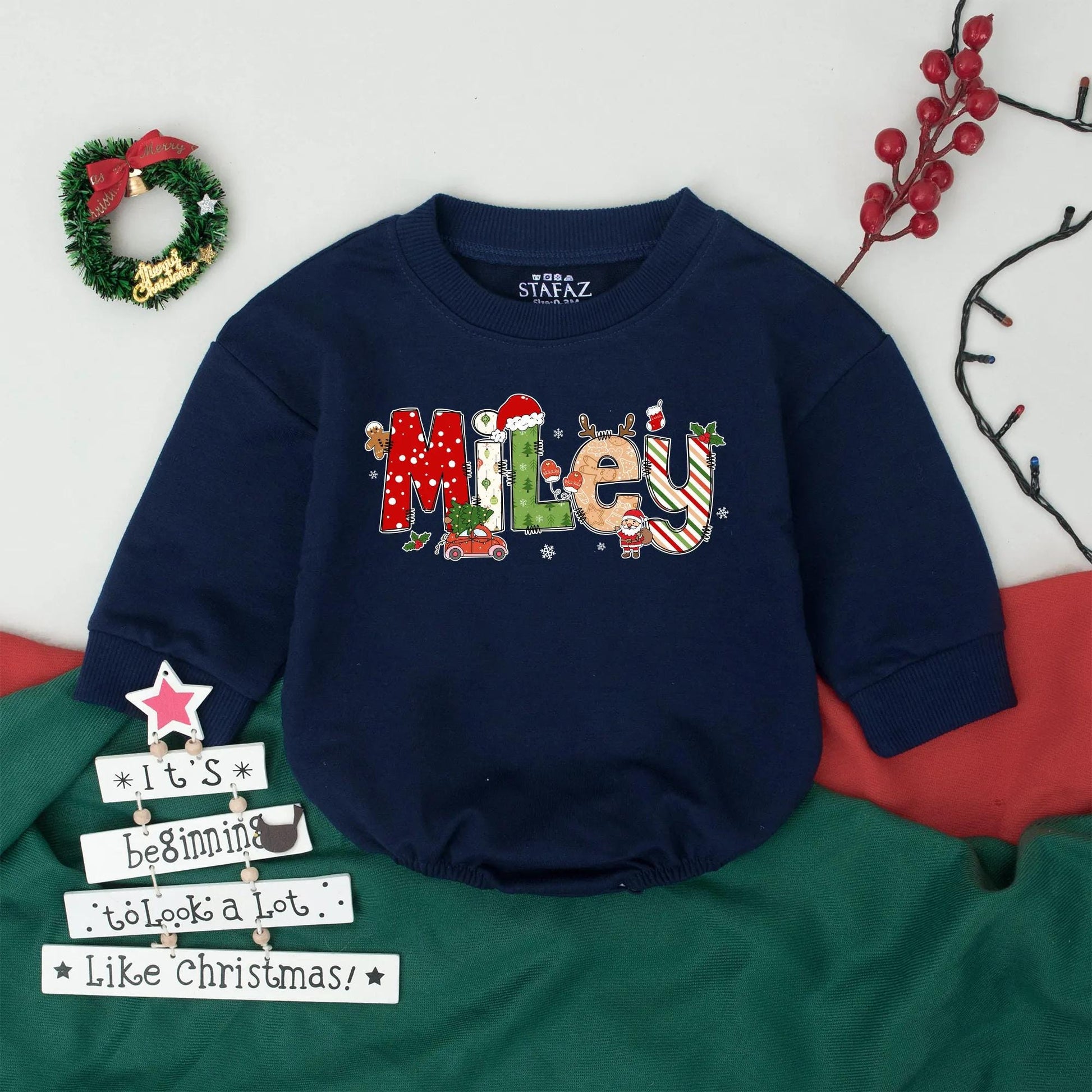 Personalized Kids Christmas Bubble Romper Retro Bodysuit Toddler Infant Sweatshirt Whimsical Festive Holiday Design Coming Home Outfit Gift