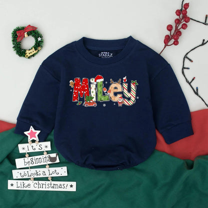 Personalized Kids Christmas Bubble Romper Retro Bodysuit Toddler Infant Sweatshirt Whimsical Festive Holiday Design Coming Home Outfit Gift