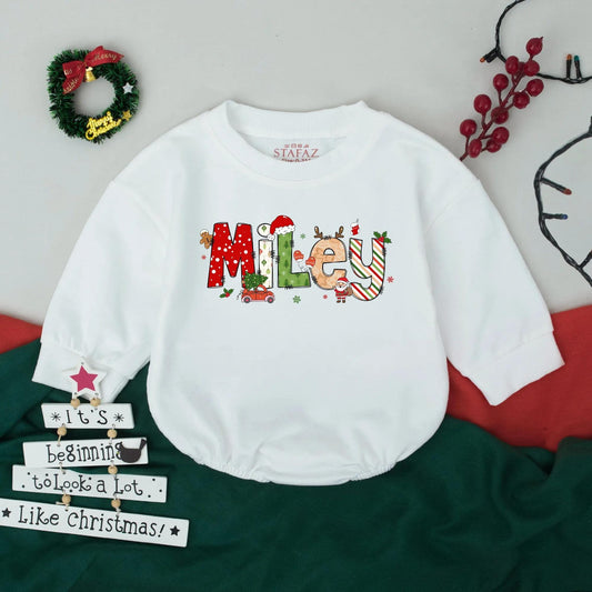 Personalized Kids Christmas Bubble Romper Retro Bodysuit Toddler Infant Sweatshirt Whimsical Festive Holiday Design Coming Home Outfit Gift
