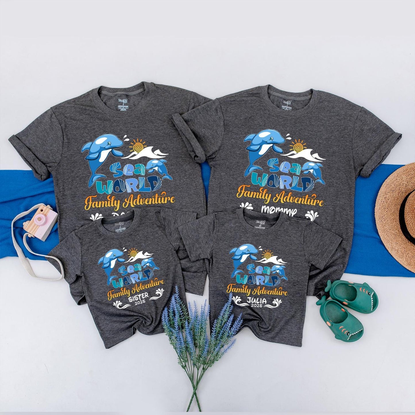 Sea World Family Adventure 2025 Matching Shirts Custom Name Vacation Tees Blue Dolphins Sun Waves Playful Cartoon Style