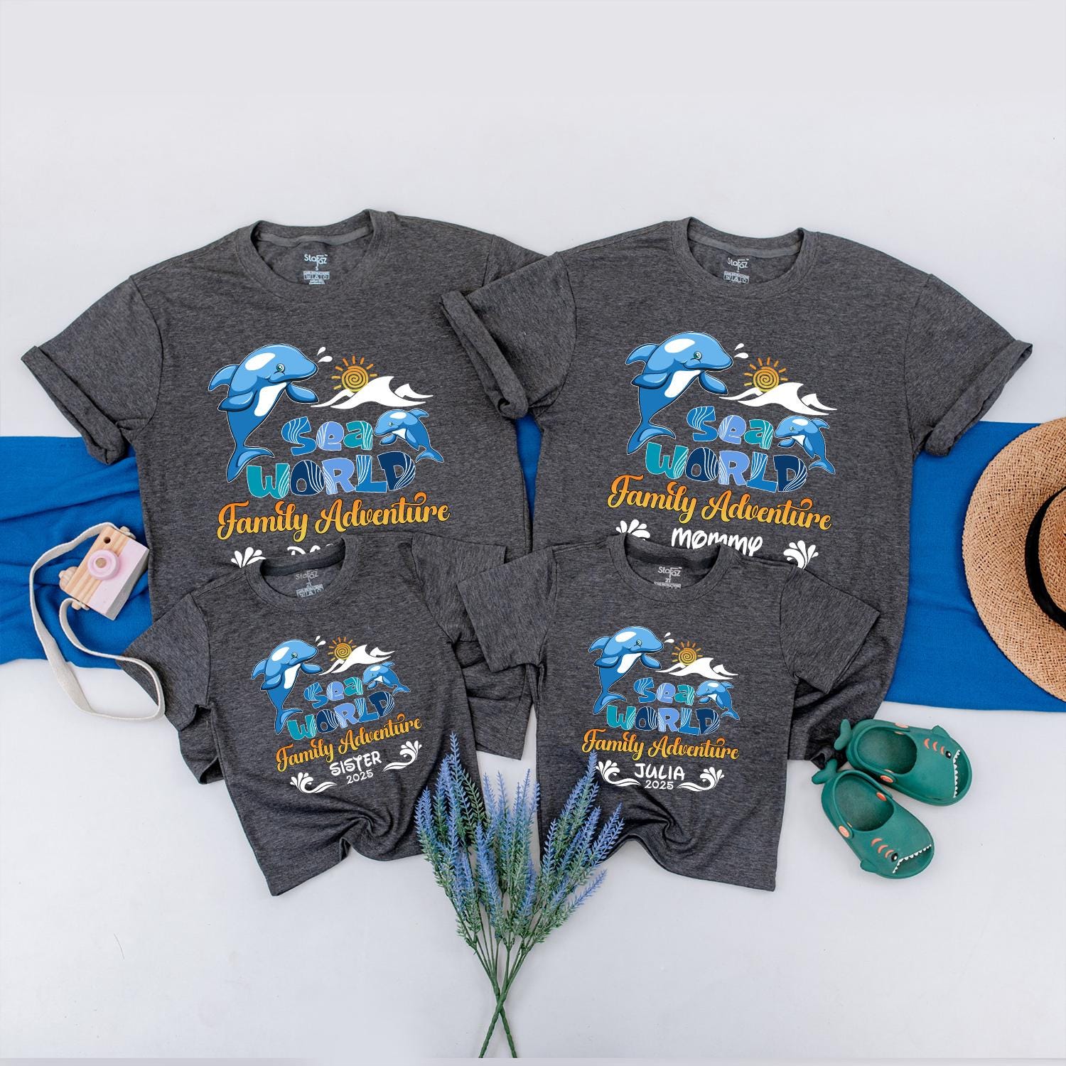 Sea World Family Adventure 2025 Matching Shirts Custom Name Vacation Tees Blue Dolphins Sun Waves Playful Cartoon Style