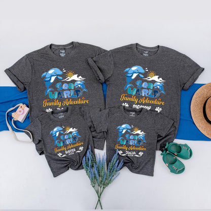 Sea World Family Adventure 2025 Matching Shirts Custom Name Vacation Tees Blue Dolphins Sun Waves Playful Cartoon Style