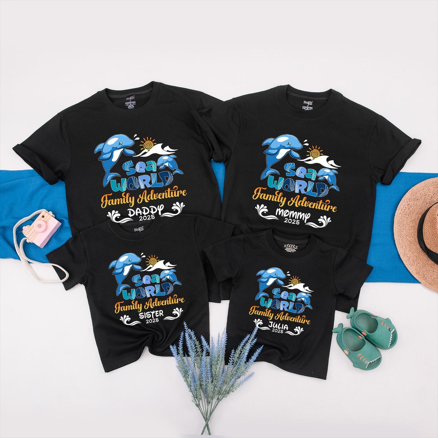 Sea World Family Adventure 2025 Matching Shirts Custom Name Vacation Tees Blue Dolphins Sun Waves Playful Cartoon Style
