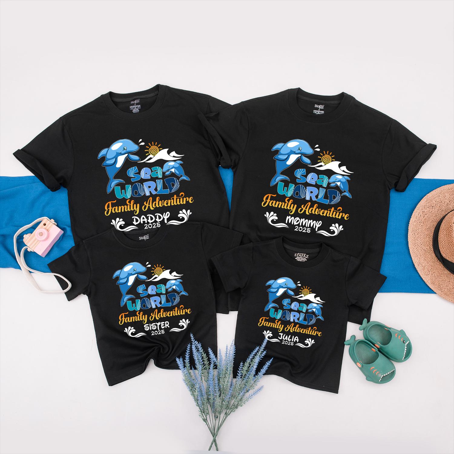 Sea World Family Adventure 2025 Matching Shirts Custom Name Vacation Tees Blue Dolphins Sun Waves Playful Cartoon Style