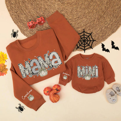 Camo Pumpkin Mama and Mini Matching Sweatshirts Rustic Autumn Family Pumpkin Season Clothes Featuring Name Caroline
