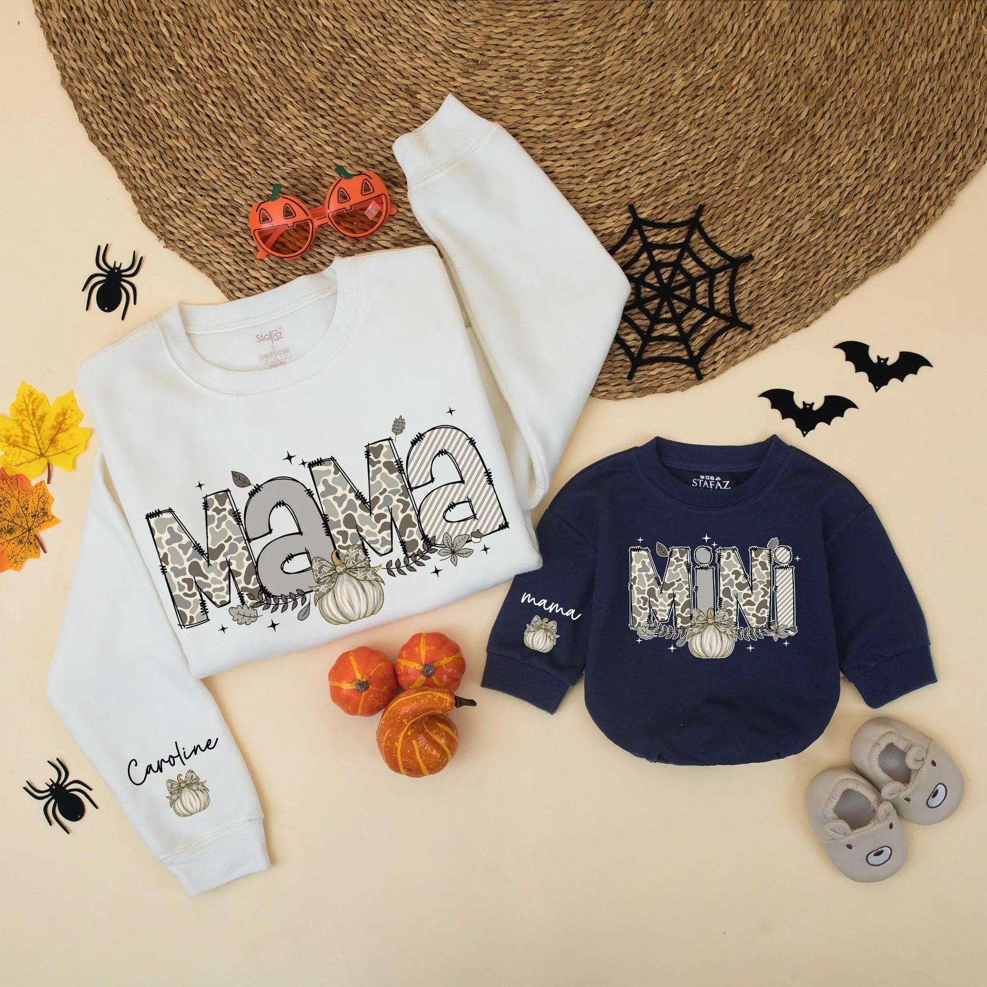 Camo Pumpkin Mama and Mini Matching Sweatshirts Rustic Autumn Family Pumpkin Season Clothes Featuring Name Caroline