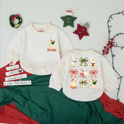 Brenda's First Christmas Goose Romper: Custom Holiday Girl Outfit with Funny Cartoon Geese, Red Bows, & Snowflakes, Baby Xmas Bodysuit Gift 136