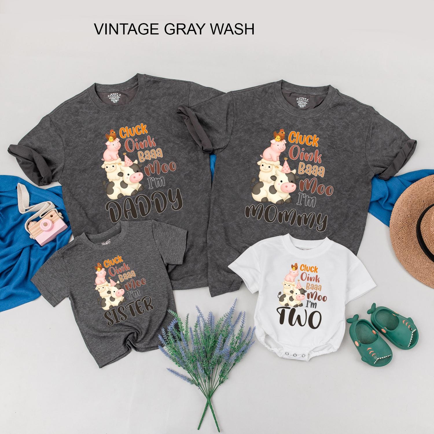 Farm 2nd Birthday Shirt for Boy or Girl: Cluck Oink Baa Moo I'm Two! Barnyard Animal Party Tee for Toddlers, Family Matching Farm Party