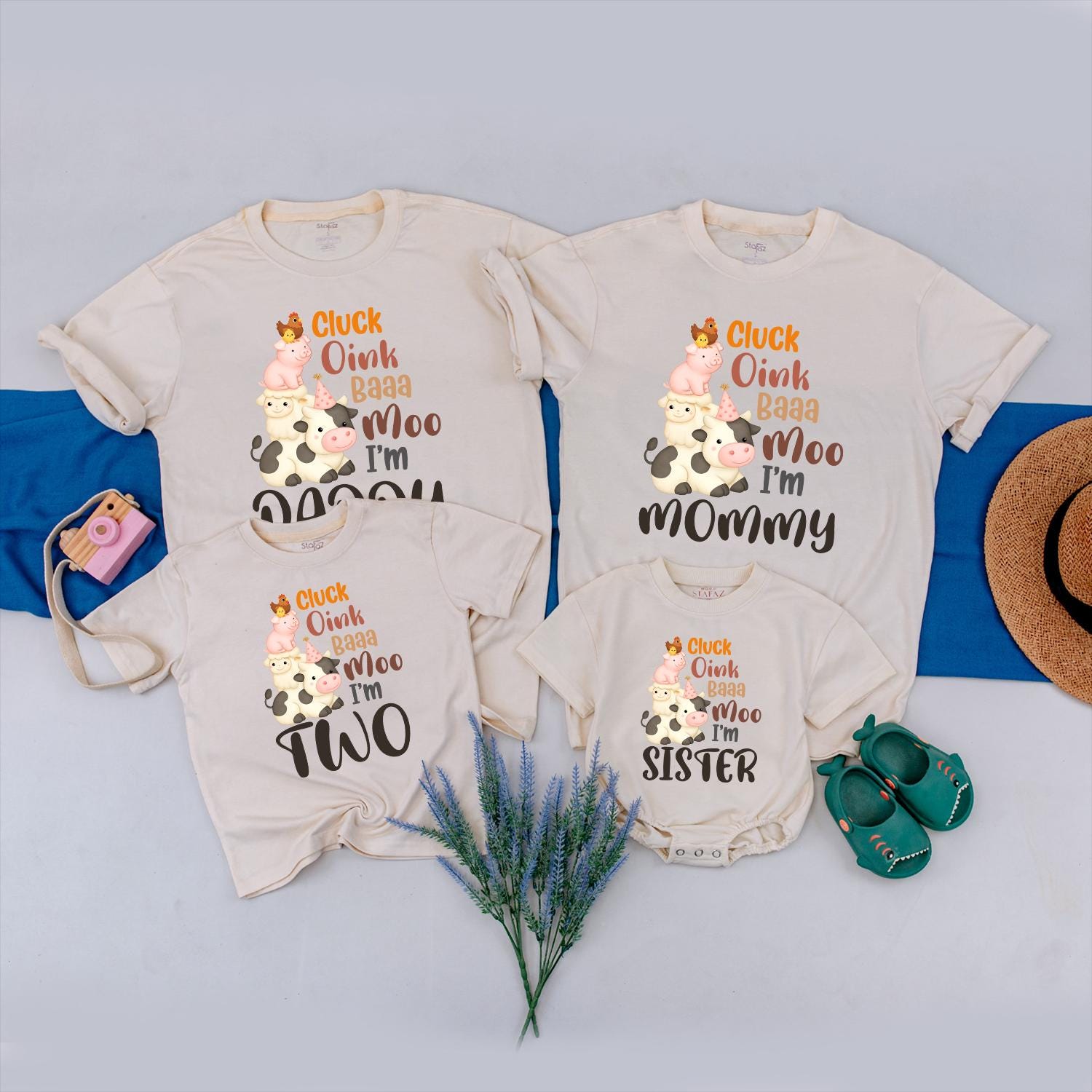 Farm 2nd Birthday Shirt for Boy or Girl: Cluck Oink Baa Moo I'm Two! Barnyard Animal Party Tee for Toddlers, Family Matching Farm Party