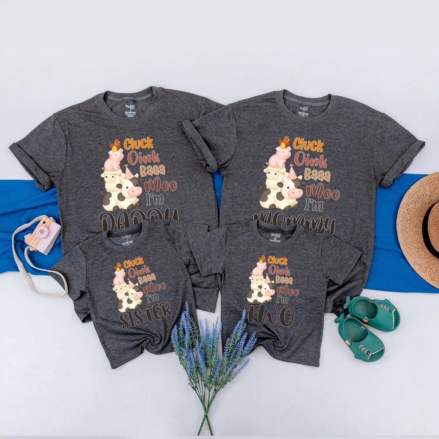 Farm 2nd Birthday Shirt for Boy or Girl: Cluck Oink Baa Moo I'm Two! Barnyard Animal Party Tee for Toddlers, Family Matching Farm Party