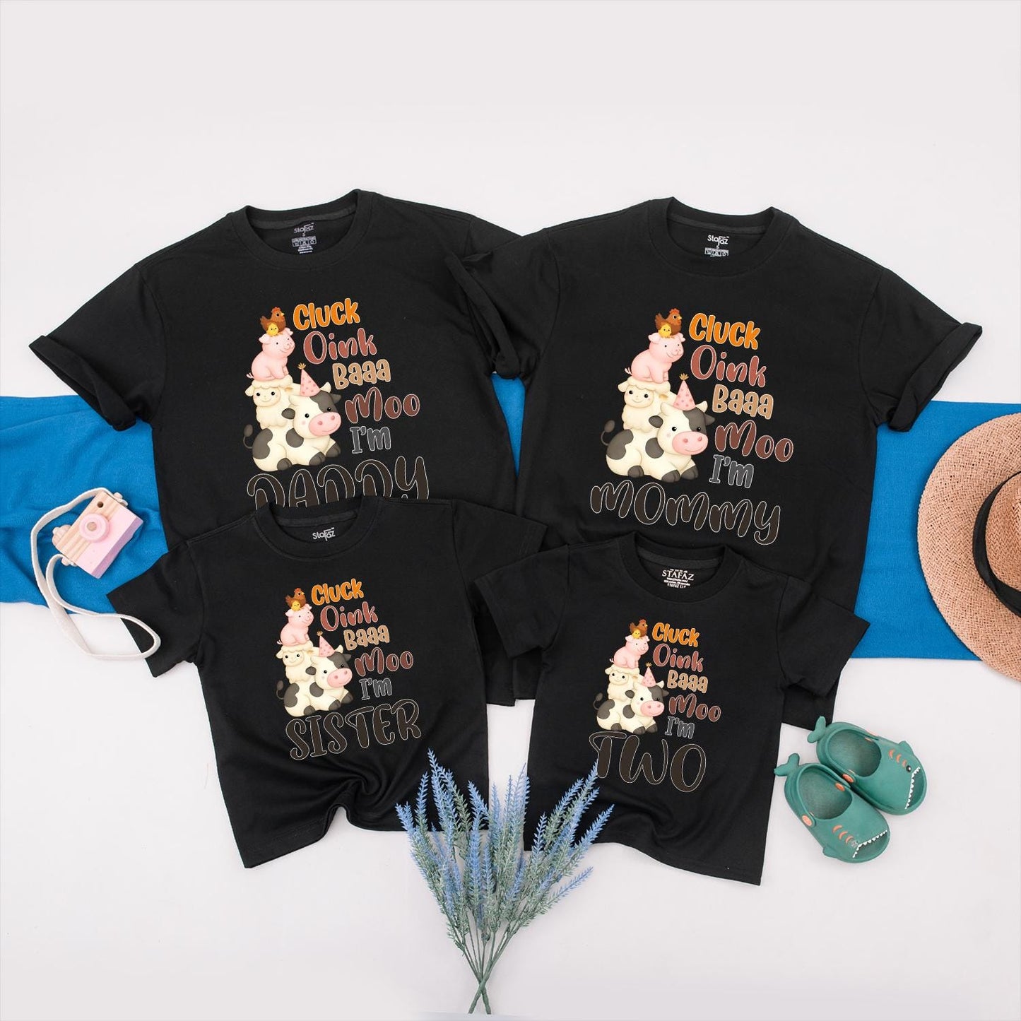 Farm 2nd Birthday Shirt for Boy or Girl: Cluck Oink Baa Moo I'm Two! Barnyard Animal Party Tee for Toddlers, Family Matching Farm Party